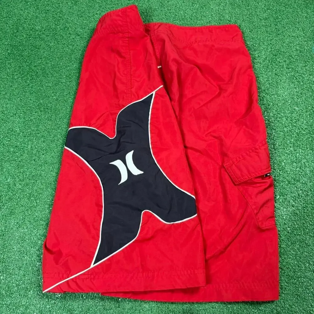 Hurley Red Board Shorts Mens 34 Surf Swim Trunks Y2K Embroidered Surf Baggy